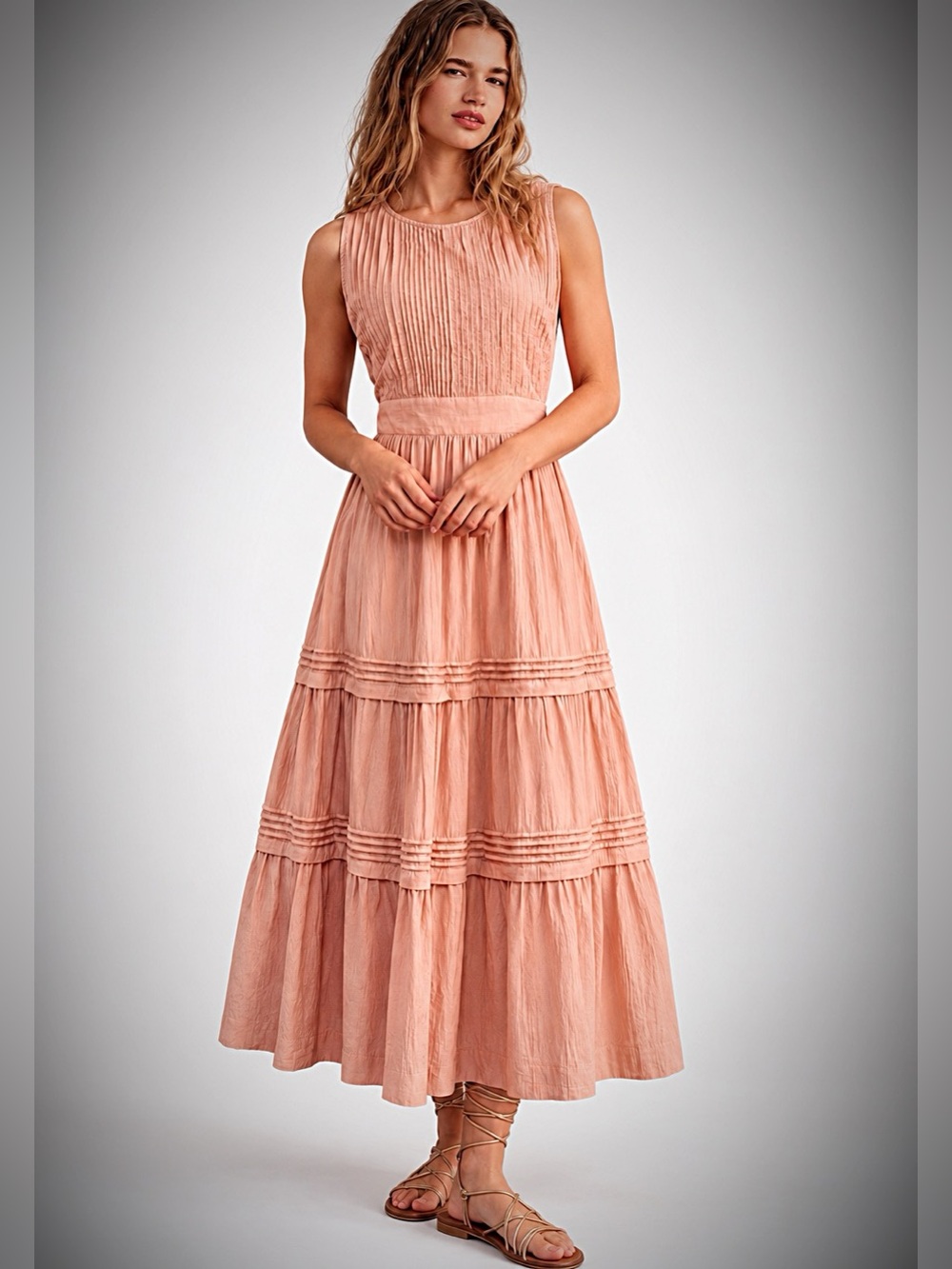 Pampelone Perle Pintuck Maxi Dress Dusty Pink Blush Size L